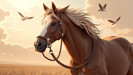 Obraz premium watercolor painting of horse in the sunset