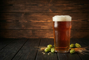 A glass of frothy beer and the wooden texture around
