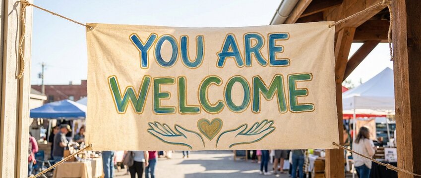 A banner with the words YOU ARE WELCOME is displayed, conveying a sense of warmth and invitation. The message is simple yet heartfelt