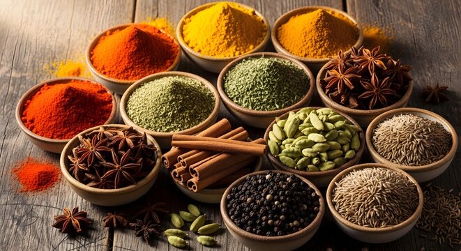 Various colorful spices in bowls on rustic wooden table including star anise, cinnamon, cardamom, chili powder, turmeric, cumin and black pepper
