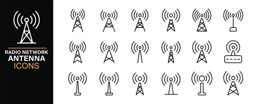 Broadcasting radio tower line icons collection
