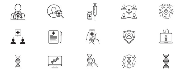 Obraz premium Medical and healthcare icons set including doctor patient treatment and DNA symbols