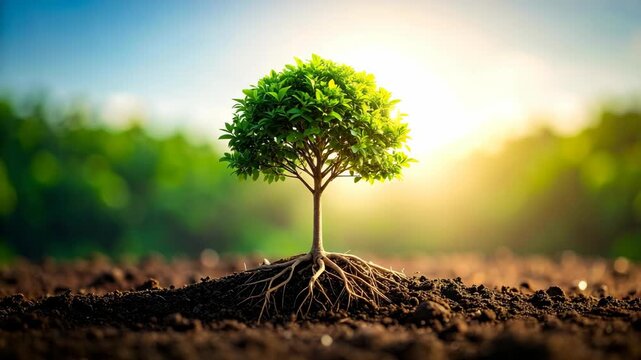 Young tree with visible roots grows from fertile soil under warm sunlight