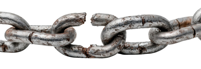 Obraz premium Rusty broken iron chain with corroded links, isolated on transparent cutout background