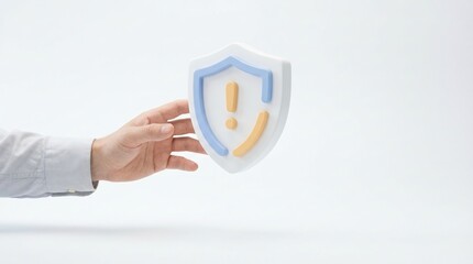 cyber security shield icon alert protection data safety warning sign concept for business risk management and digital insurance with professional hand on white background.