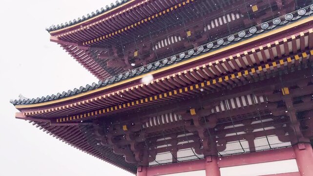 雪が舞う池上本門寺の仁王門