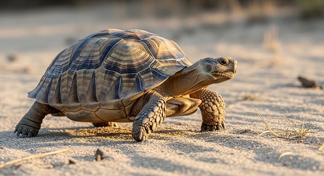 Land tortoise walking slowly on sandy ground under warm sunlight. Detailed wildlife photography emphasizing shell pattern and natural desert-like habitat.