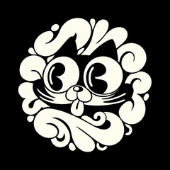 A white cartoon cat face on a black background © Atiar