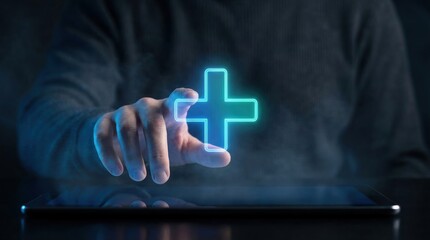 Healthcare Medical Plus Technology Insurance Digital Icon appearing over a tablet as a hand interacts with virtual healthcare services for innovative medical support and wellness.