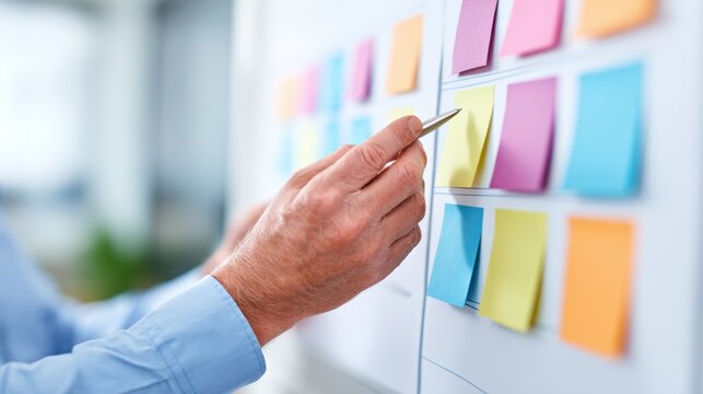 A close-up of a hand placing colorful sticky notes on a whiteboard, representing brainstorming, organization, and collaboration in a professional workspace.