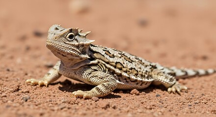 Fototapeta premium Bearded dragon resting on sandy ground under natural light. Wildlife reptile photography showing detailed spiky scales and desert tones.