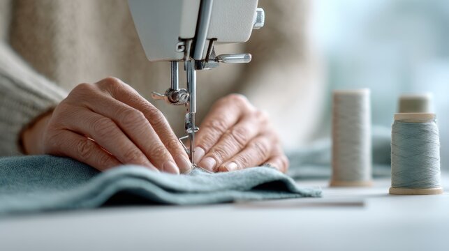 Intricate Craftsmanship in Textile Arts: A Close-Up of Hands Skillfully Operating a Sewing Machine with Thread and Fabric for Creative Projects