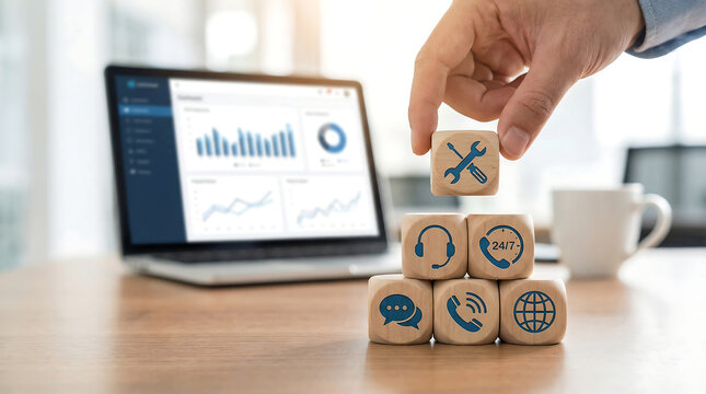 Hand stacking wooden blocks with customer service icons, with laptop displaying analytics dashboard in background.