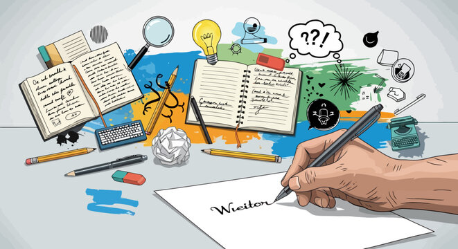 Creative writing process with open books and hand writing on paper.