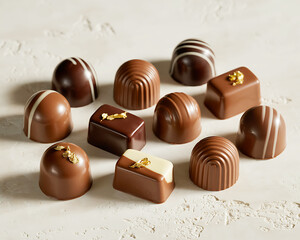 Assortment of decadent milk chocolate pralines and truffles decorated with gold leaf and white chocolate stripes