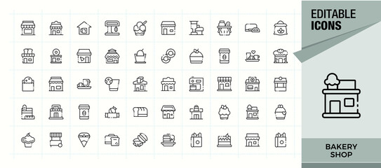 Set of Bakery Shop line icon. Contain linear symbols baker, bakery, food, bake, pie and more. Outline icons in linear style. Cake Shop modern icon set. Editable stroke. Vector illustration. © falconixit