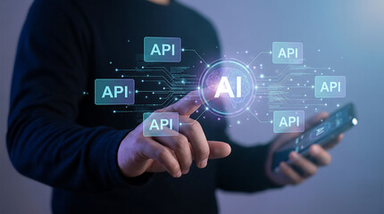 Naklejka premium AI powered API integration: Man touching screen displaying Artificial Intelligence and connected API services