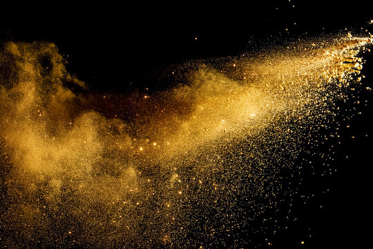 Goldstaub auf transparentem Hintergrund, verstreuter Goldstaub, Glitzereffekt, funkelnde &Uuml;berlagerung