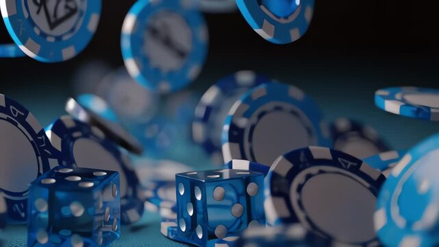 Casino Chips and Dice Falling Blue Background