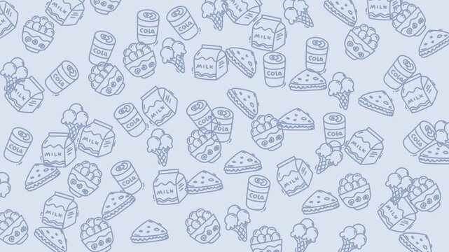Food Seamless pattern with hand drawn sketches of milk, Candy, ice cream and sandwich. 