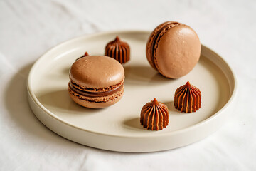 Delicious chocolate macarons and mini pastries arranged artfully on a white plate for a sweet treat