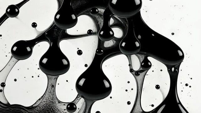 Black glossy liquid forms orbs, teardrops, and amorphous shapes on a bright, speckled backdrop
