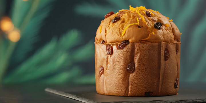 Festive panettone cake topped with orange zest and dried raisins sitting on a dark surface with green bokeh lights