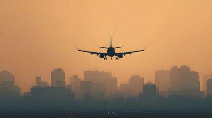 Airplane Approaching City Skyline During Golden Hour Sunset.