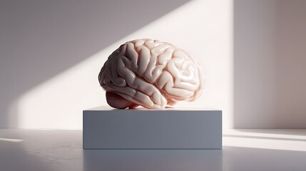 Realistic Human Brain Displayed on a Pedestal Under Dramatic Lighting.