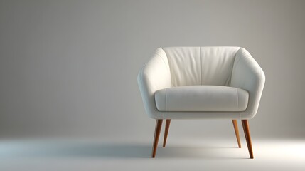 Elegant White Armchair with Wooden Legs on a Light Gray Background.