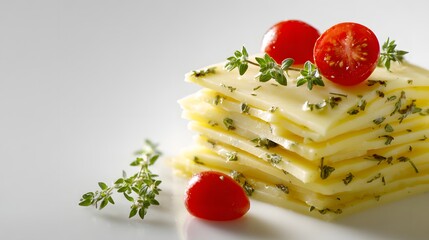 Delicious Stacked Potato Dish with Cherry Tomatoes and Herbs.