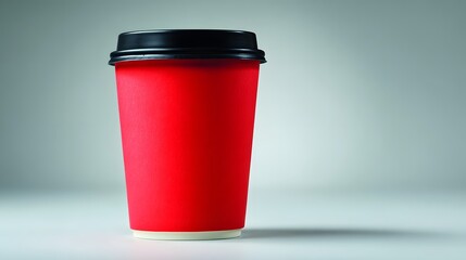 Red Disposable Coffee Cup with Black Lid on a Gray Background.