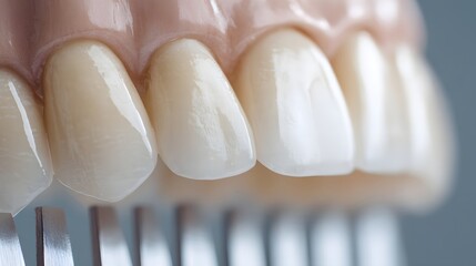 Close up of realistic dental crowns on a gray background.