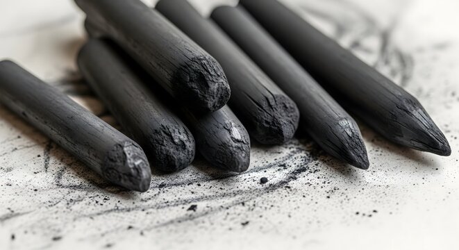 Textured charcoal drawing sticks resting on art paper, showcasing essential carbon art supplies for sketching, shading, and creating expressive monochrome artwork