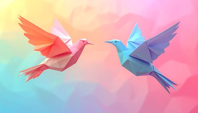 Dos palomas abstractas en contraste crom&aacute;tico sobre fondo pastel degradado