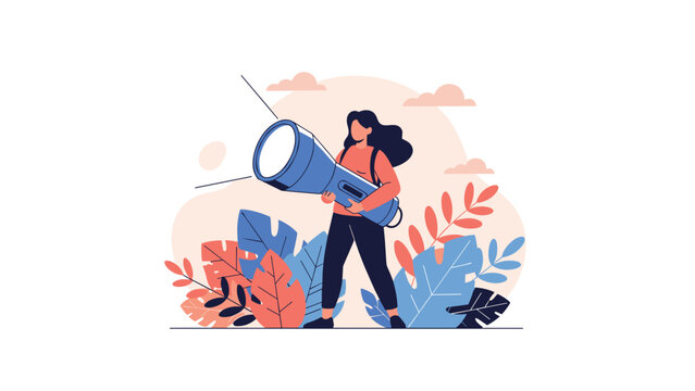 Woman standing among colorful oversized leaves while holding a giant blue flashlight to illuminate her path or search for something new.