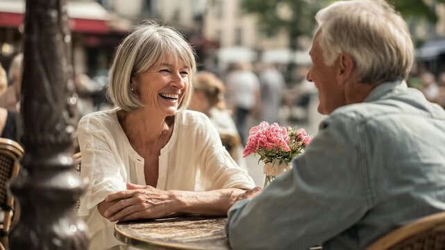 Happy senior couple enjoying conversation at outdoor cafe in springtime. Romantic date, relaxed atmosphere, golden age, joyful moments, sunny day. Loving connection, cafe life, european charm.