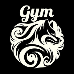 A white wolf head logo with gym text on black background