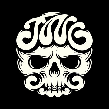 A white skull with the word jugg on its head
