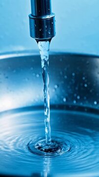 Clear water flowing from a chrome faucet into a sink creating ripples