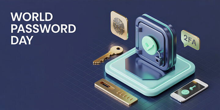 World Password Day celebrated with digital security icons including a safe key fingerprint and mobile phone