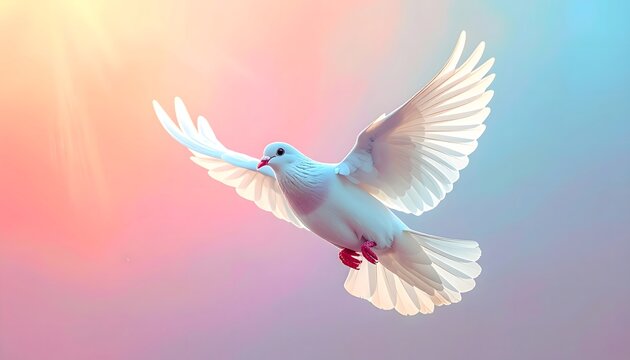 Paloma blanca elev&aacute;ndose en vuelo sobre fondo pastel suave y et&eacute;reo
