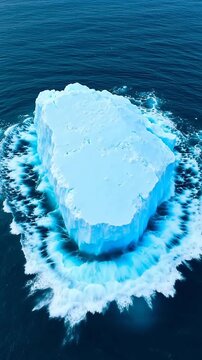 Majestic tabular iceberg floating in deep blue ocean water with white foamy waves