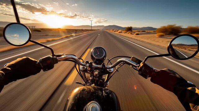 Riding a motorcycle down an open road during sunset in a desert landscape with a clear sky and distant mountains
