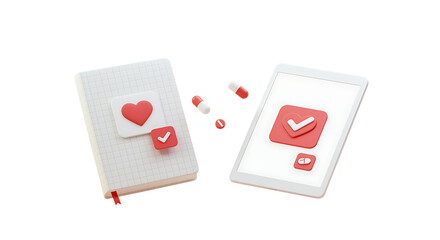 Obraz premium A white smartphone and a white notebook with red and white symbols around on white background technology and education concept transparent background
