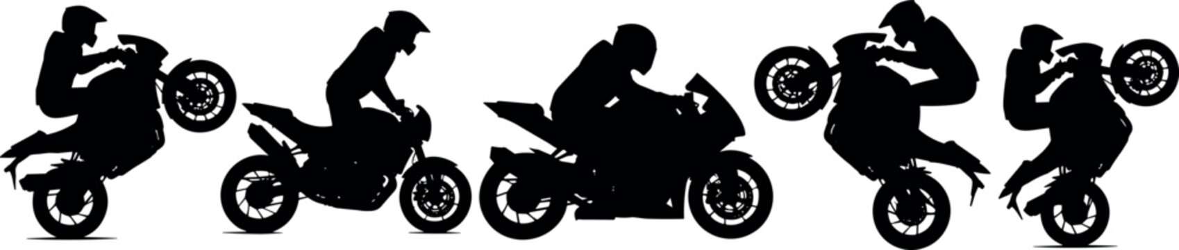 Black Silhouette of Motorcyclist Performing Wheelie Stunt on Sports Bike, Isolated Vector Illustration Set for Extreme Sports Design