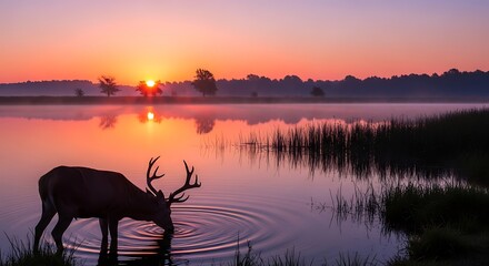 Naklejka premium Deer Drinking Water at Sunset Serene Landscape.