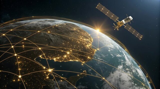 Satellite Orbiting Earth, Global Network Connections, Sunrise Over Connected Cities, Stock Footage