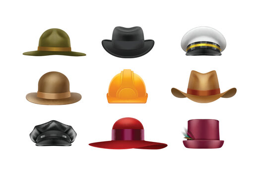 Set of Different Vector Hats and Headwear Icons Isolated on White Background
