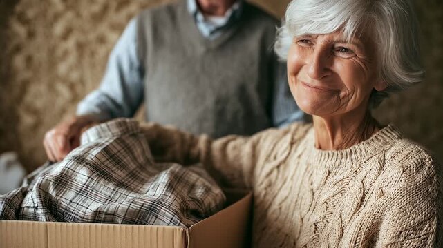 Elderly woman sorting through old belongings in a box. A poignant moment of remembrance and reflection during downsizing. Senior preparing for life changes. Nostalgia, memories, and loss.